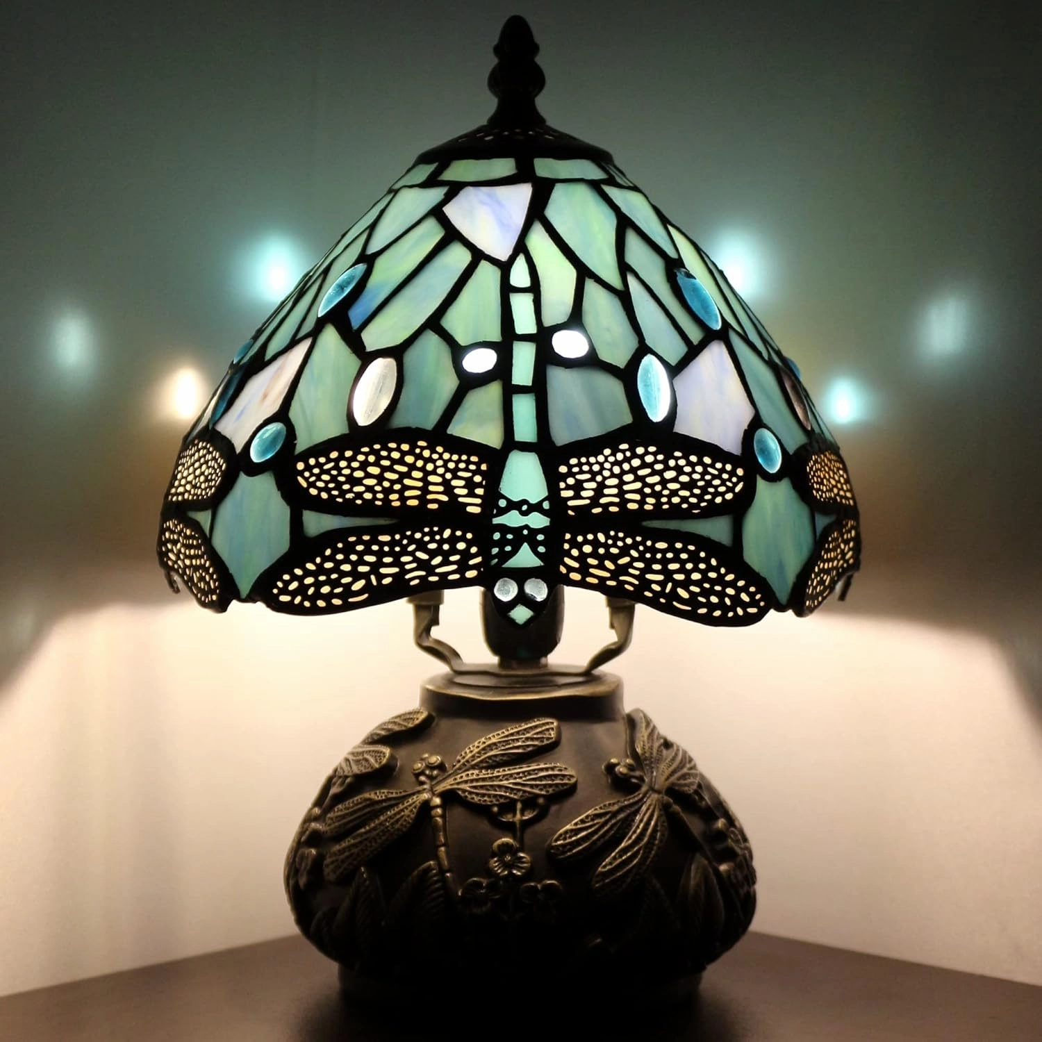 Small Tiffany Lamp Mini Stained Glass Table Lamp Sea Blue Dragonfly Style Mushroom Desk Light Memory Sympathy Lamp 8X11 Inch