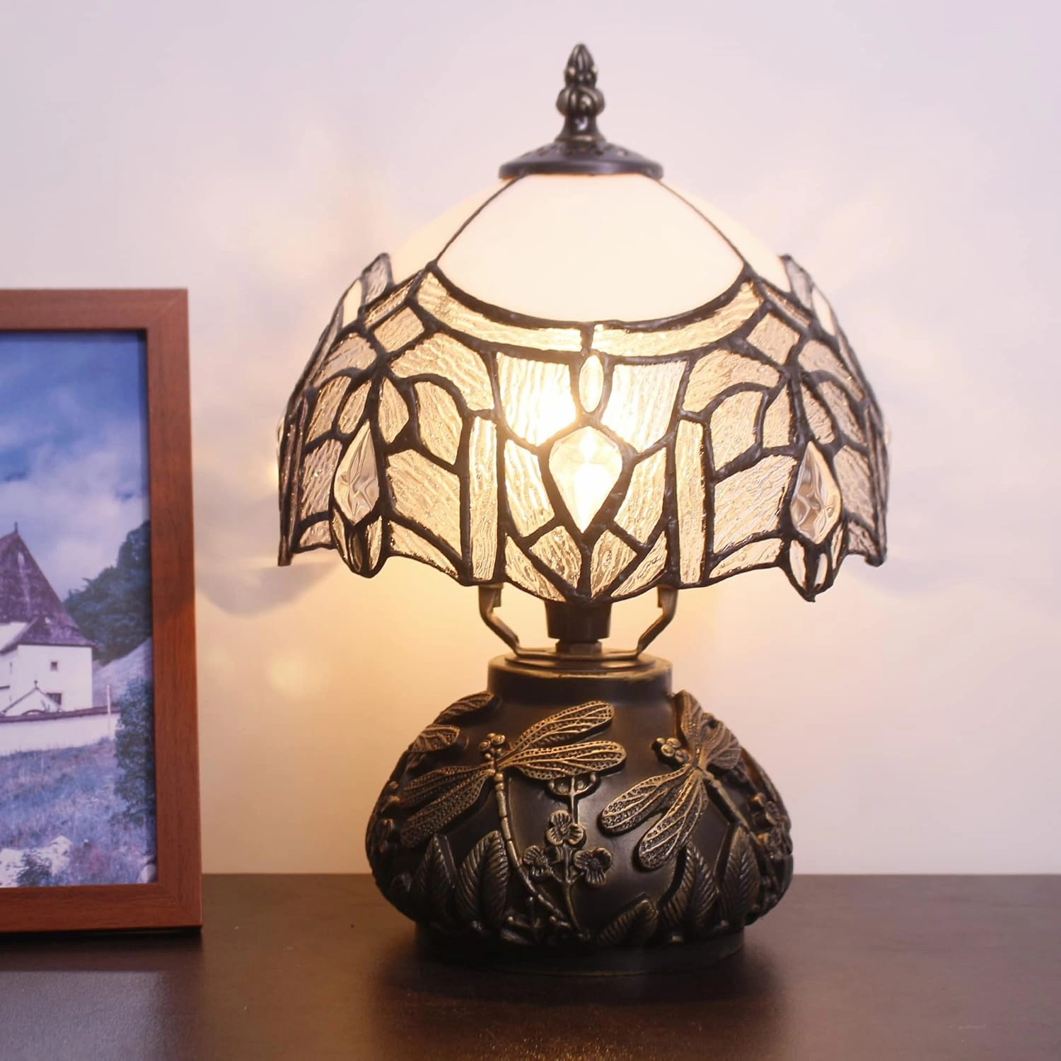 Small Tiffany Lamp Mini Stained Glass Table Lamp White Bending Style Mushroom Desk Light Memory Sympathy Lamp 8X11 Inch