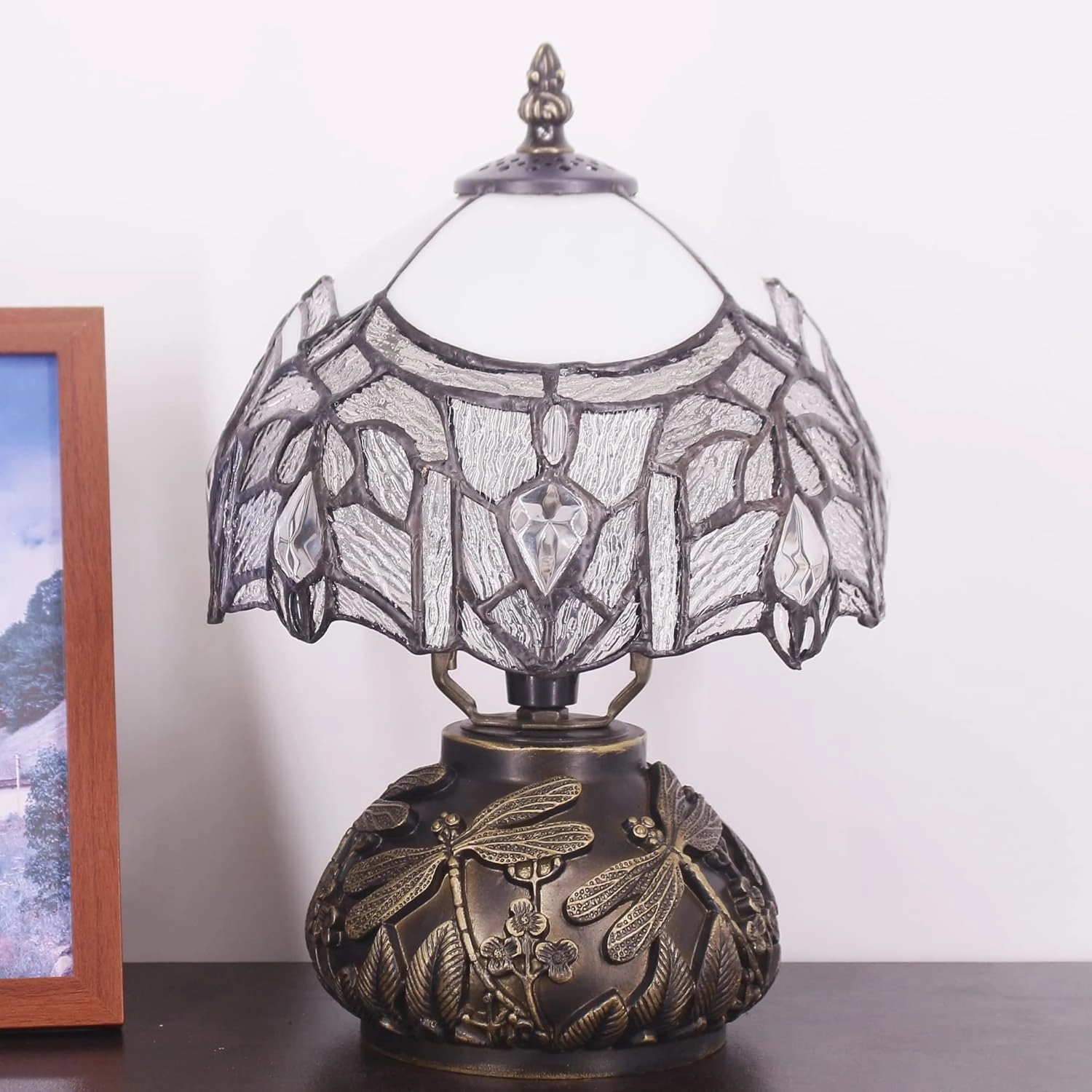 Small Tiffany Lamp Mini Stained Glass Table Lamp White Bending Style Mushroom Desk Light Memory Sympathy Lamp 8X11 Inch