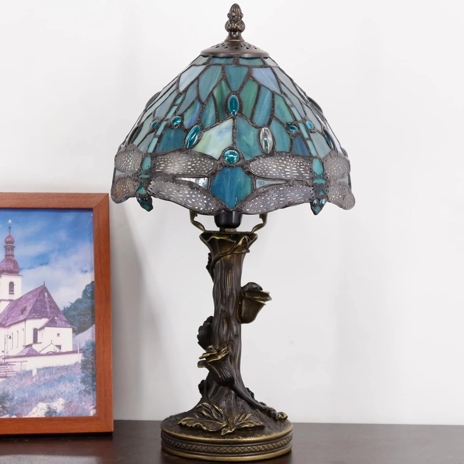 Small Tiffany Lamp Stained Glass Sea Blue Dragonfly Style Bedside Desk Light Mini Accent Memory Lamp 8X15 Inch