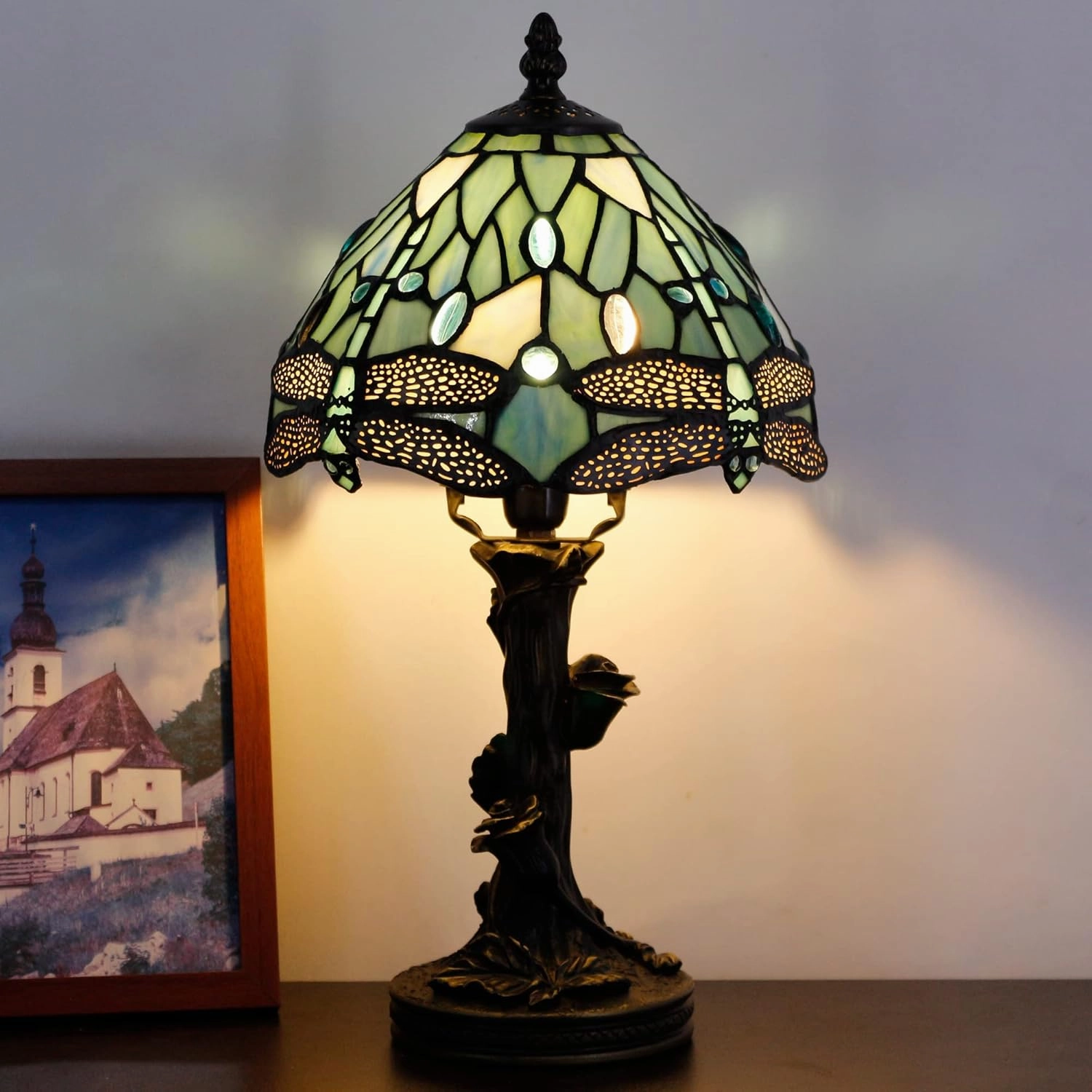 Small Tiffany Lamp Stained Glass Sea Blue Dragonfly Style Bedside Desk Light Mini Accent Memory Lamp 8X15 Inch