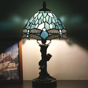 Small Tiffany Lamp Stained Glass Sea Blue Dragonfly Style Bedside Desk Light Mini Accent Memory Lamp 8X15 Inch