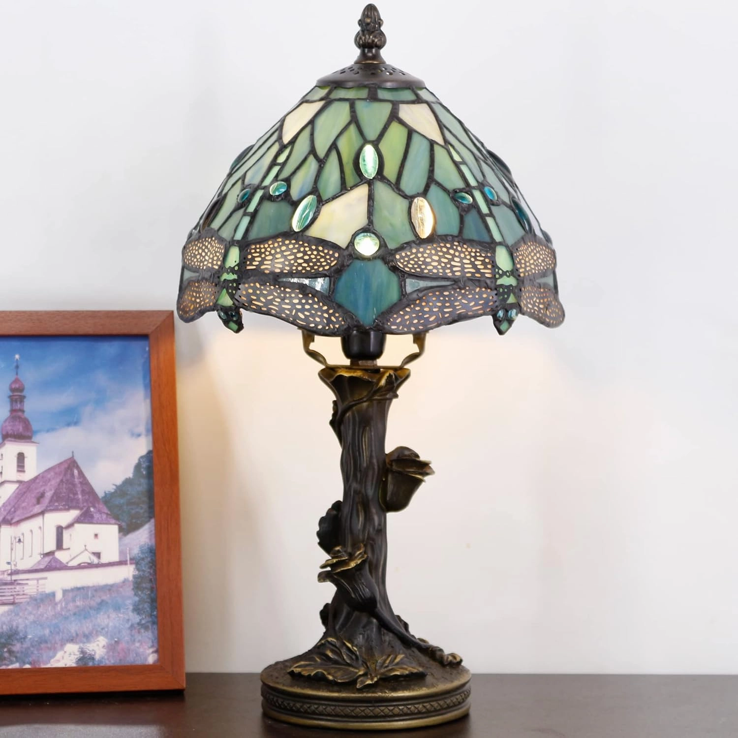 Small Tiffany Lamp Stained Glass Sea Blue Dragonfly Style Bedside Desk Light Mini Accent Memory Lamp 8X15 Inch
