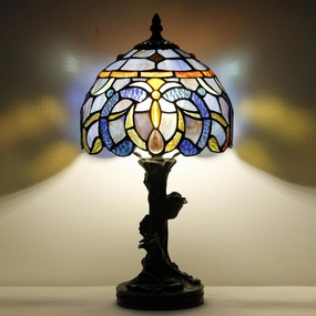 Small Tiffany Table Lamp Stained Glass Blue Purple Cloudy Style Bedside Light Mini Accent Memory Lamp 8X15 Inch