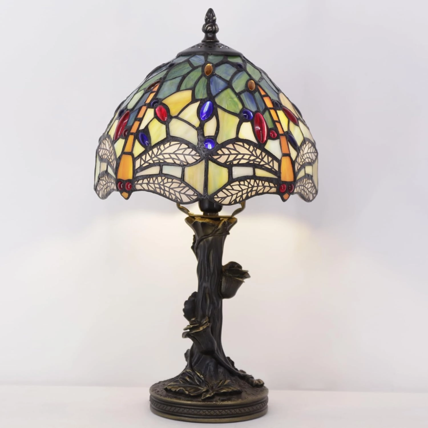 Small Tiffany Table Lamp Stained Glass Desk Lamp Blue Yellow Dragonfly Style Bedside Desk Light Mini Accent Desk Memory Lamp 8X15 Inch