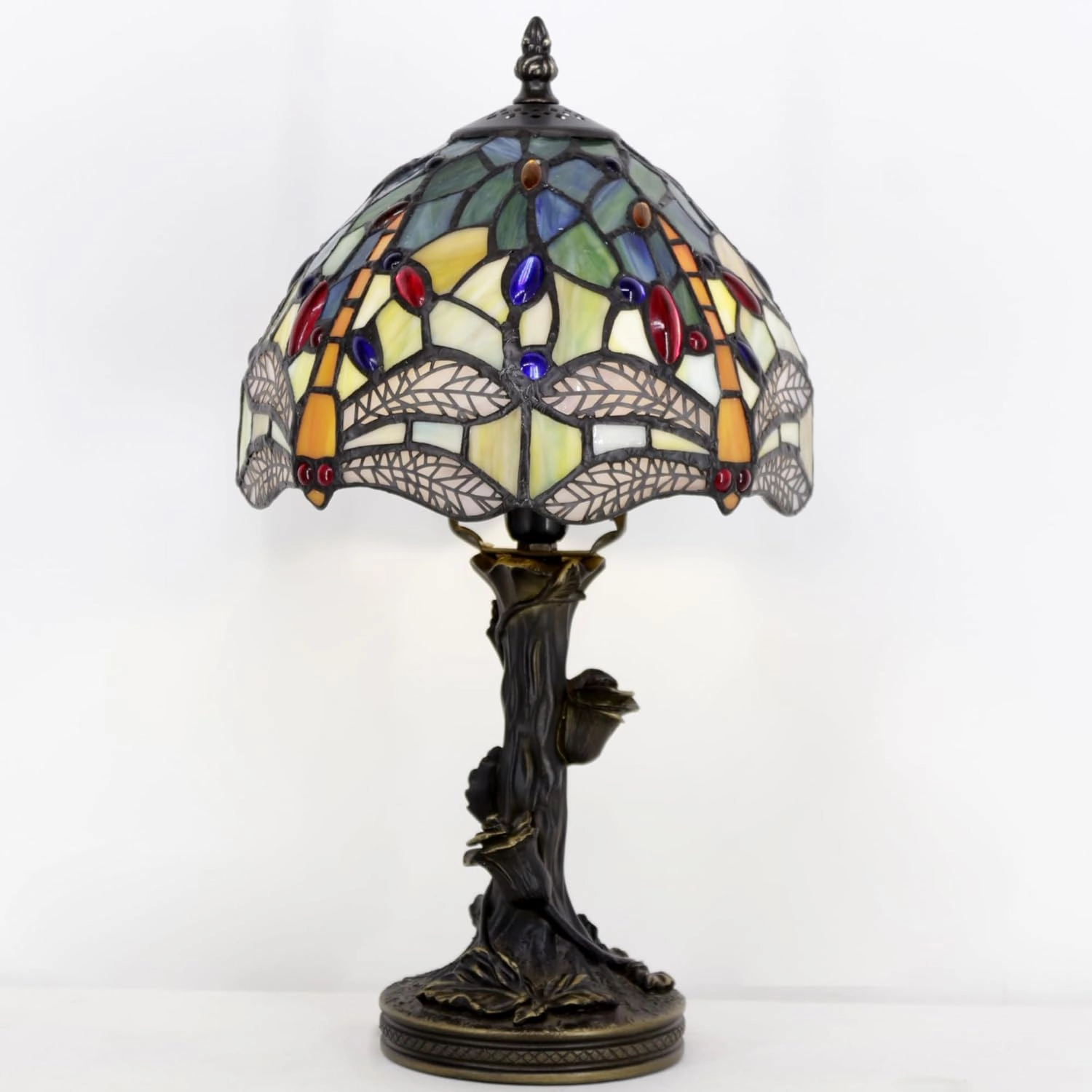 Small Tiffany Table Lamp Stained Glass Desk Lamp Blue Yellow Dragonfly Style Bedside Desk Light Mini Accent Desk Memory Lamp 8X15 Inch