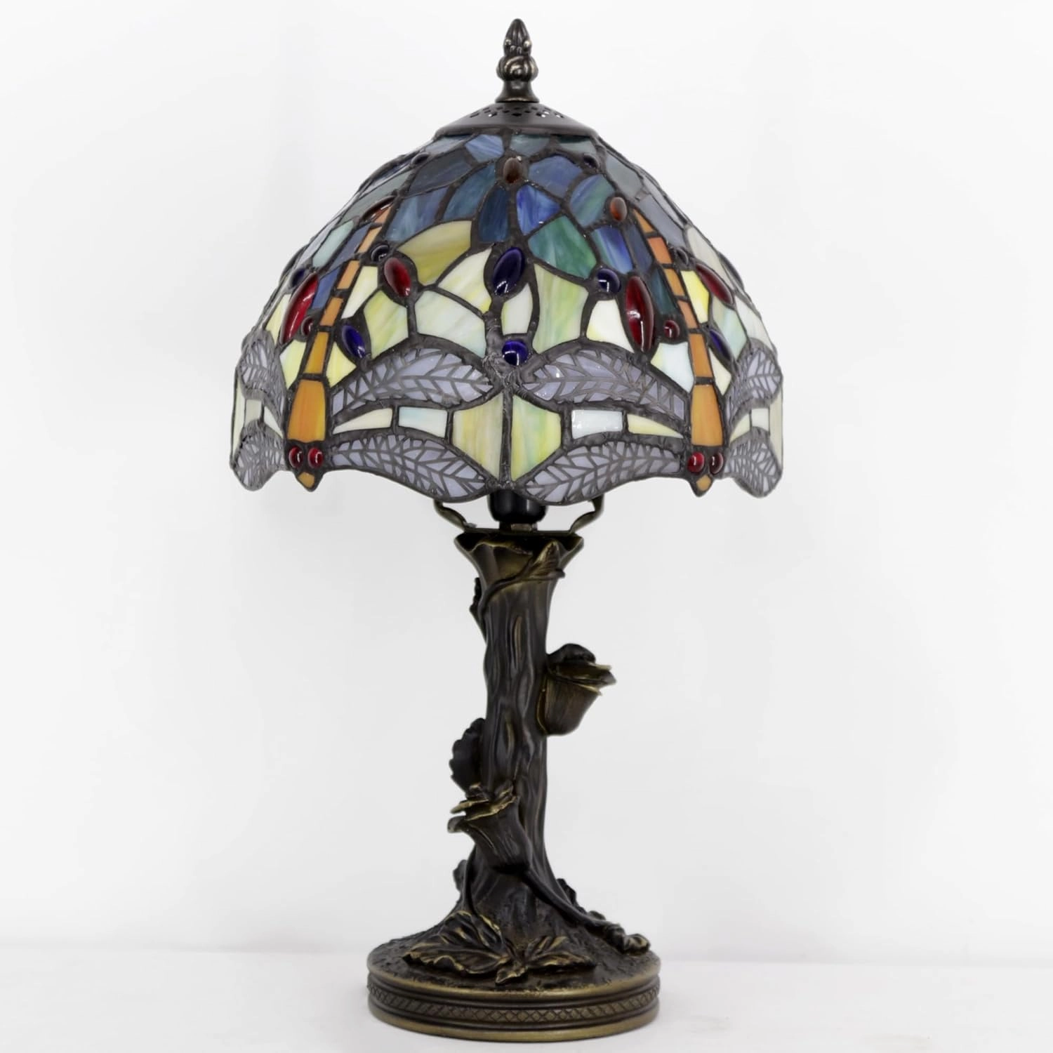 Small Tiffany Table Lamp Stained Glass Desk Lamp Blue Yellow Dragonfly Style Bedside Desk Light Mini Accent Desk Memory Lamp 8X15 Inch