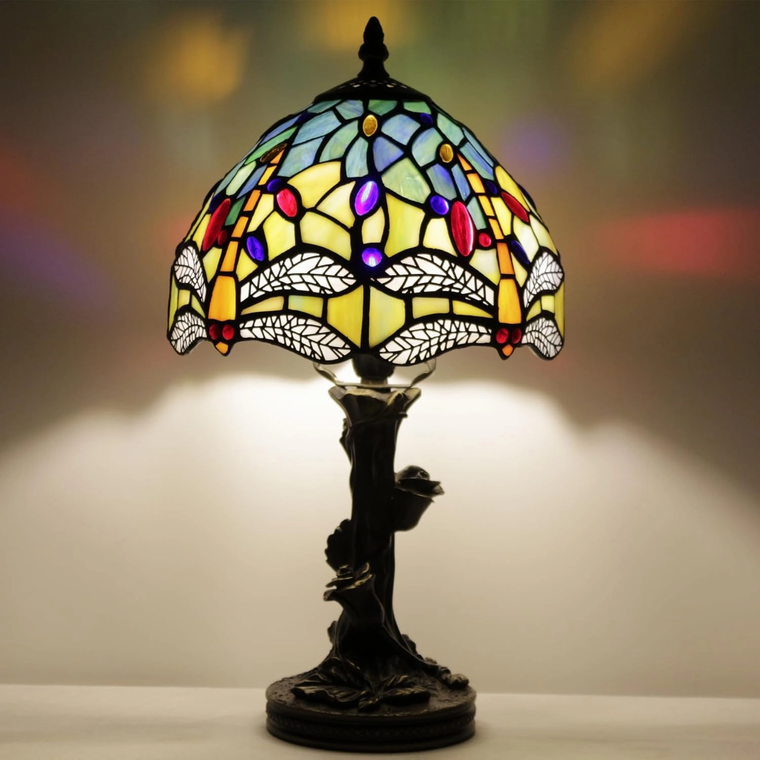 Small Tiffany Table Lamp Stained Glass Desk Lamp Blue Yellow Dragonfly Style Bedside Desk Light Mini Accent Desk Memory Lamp 8X15 Inch