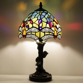 Small Tiffany Table Lamp Stained Glass Desk Lamp Blue Yellow Dragonfly Style Bedside Desk Light Mini Accent Desk Memory Lamp 8X15 Inch