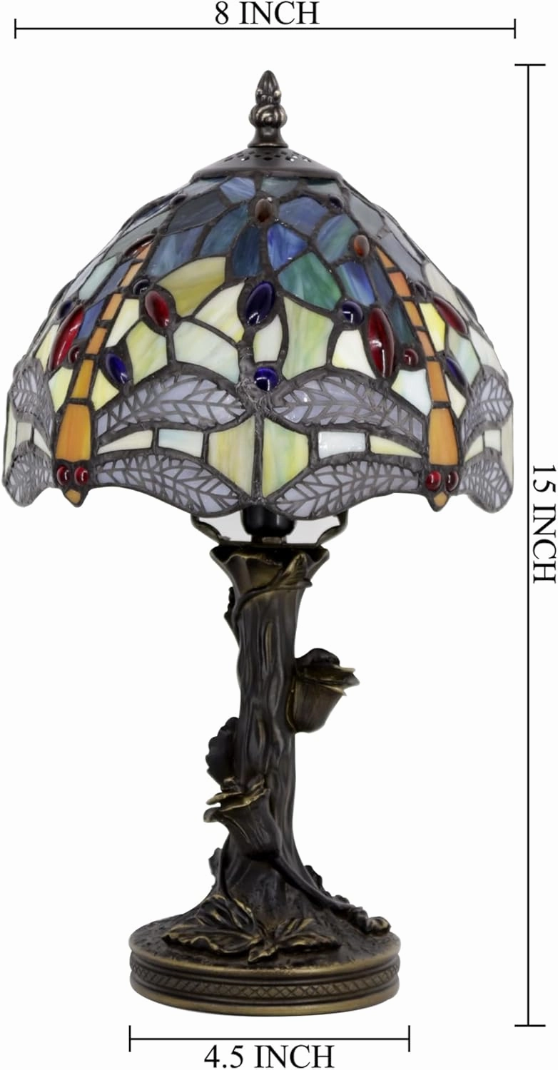 Small Tiffany Table Lamp Stained Glass Desk Lamp Blue Yellow Dragonfly Style Bedside Desk Light Mini Accent Desk Memory Lamp 8X15 Inch