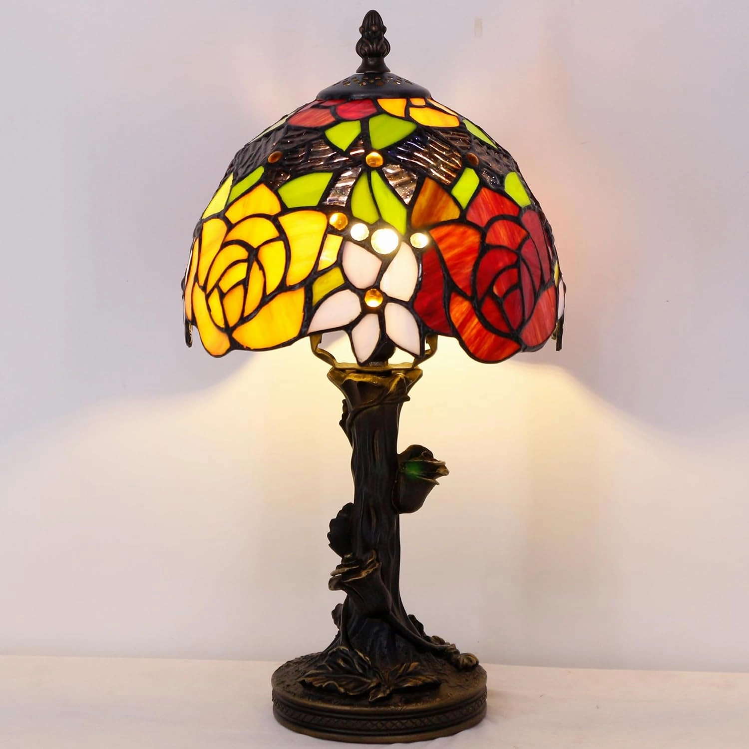 Small Tiffany Table Lamp Stained Glass Desk Lamp Red Yellow Rose Style Bedside Desk Light Mini Accent Desk Memory Lamp 8X15 Inch