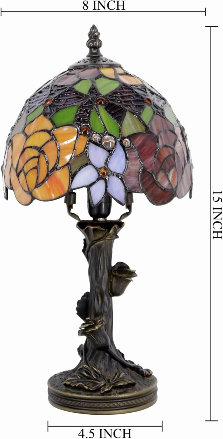 Small Tiffany Table Lamp Stained Glass Desk Lamp Red Yellow Rose Style Bedside Desk Light Mini Accent Desk Memory Lamp 8X15 Inch