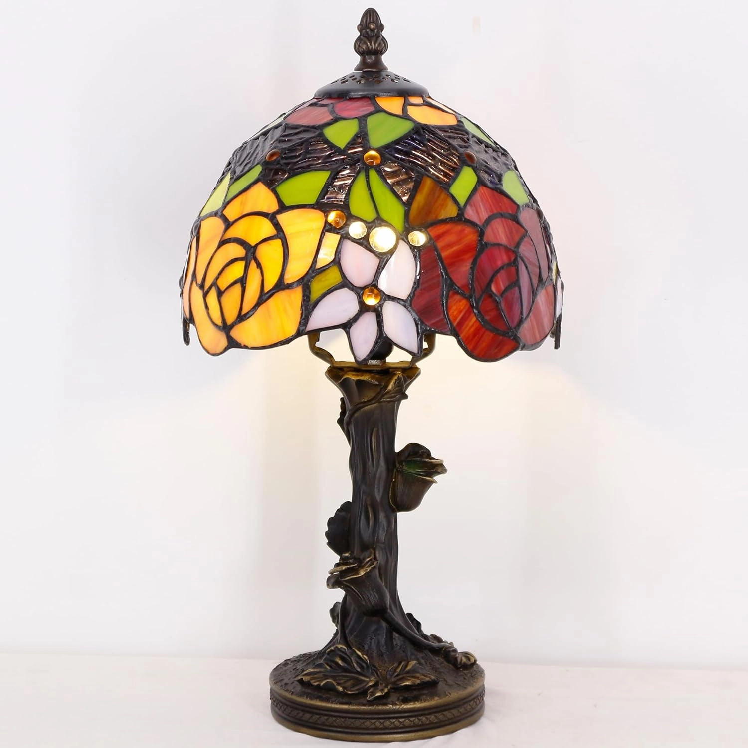 Small Tiffany Table Lamp Stained Glass Desk Lamp Red Yellow Rose Style Bedside Desk Light Mini Accent Desk Memory Lamp 8X15 Inch