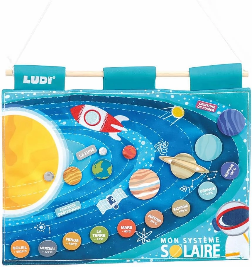 Solar System Panel - Learn and Explore the Universe - From 5 Years Old - 21 Removable Elements, 1 Educational Sheet - Glow in the Dark Embroidery - Storage Pocket - 40 x 30 x 1 cm