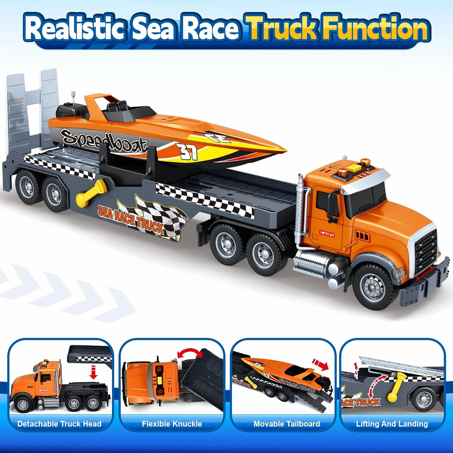 SpringFlower 3 4 5 6 Boy Toys, Extra Large Truck Toy with Sounds & Lights, 21" Semi Truck Toy Flatbed Transport Boat Vehicle，2 in 1 Kids Boy Toddlers Age 3 4 5 6 7 Birthday Gifts