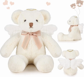 Sratte 16 Inch Angel Bear Plush Stuffed Bear Cute Angel Stuffed Animal with Wing and Bow White Bear Dolls for Girlfriend Lover Family Boy Girl Birthday Baby Shower Baptism Christening
