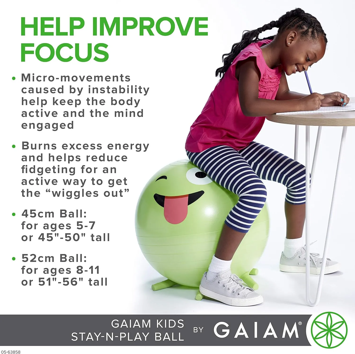 Stay-N-Play Children's Balance Ball - Flexible School Chair Active Classroom Desk Alternative Seating Built-In Stay-Put Soft Stability Legs, Includes Air Pump