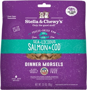 Stella & Chewy's Freeze-Dried Raw Cat Dinner Morsels - Premium Salmon & Cod Recipe with 98% Wild-Caught Fish & Organs - Natural Grain-Free Cat & Kitten Food - Made in USA - 3.5 oz
