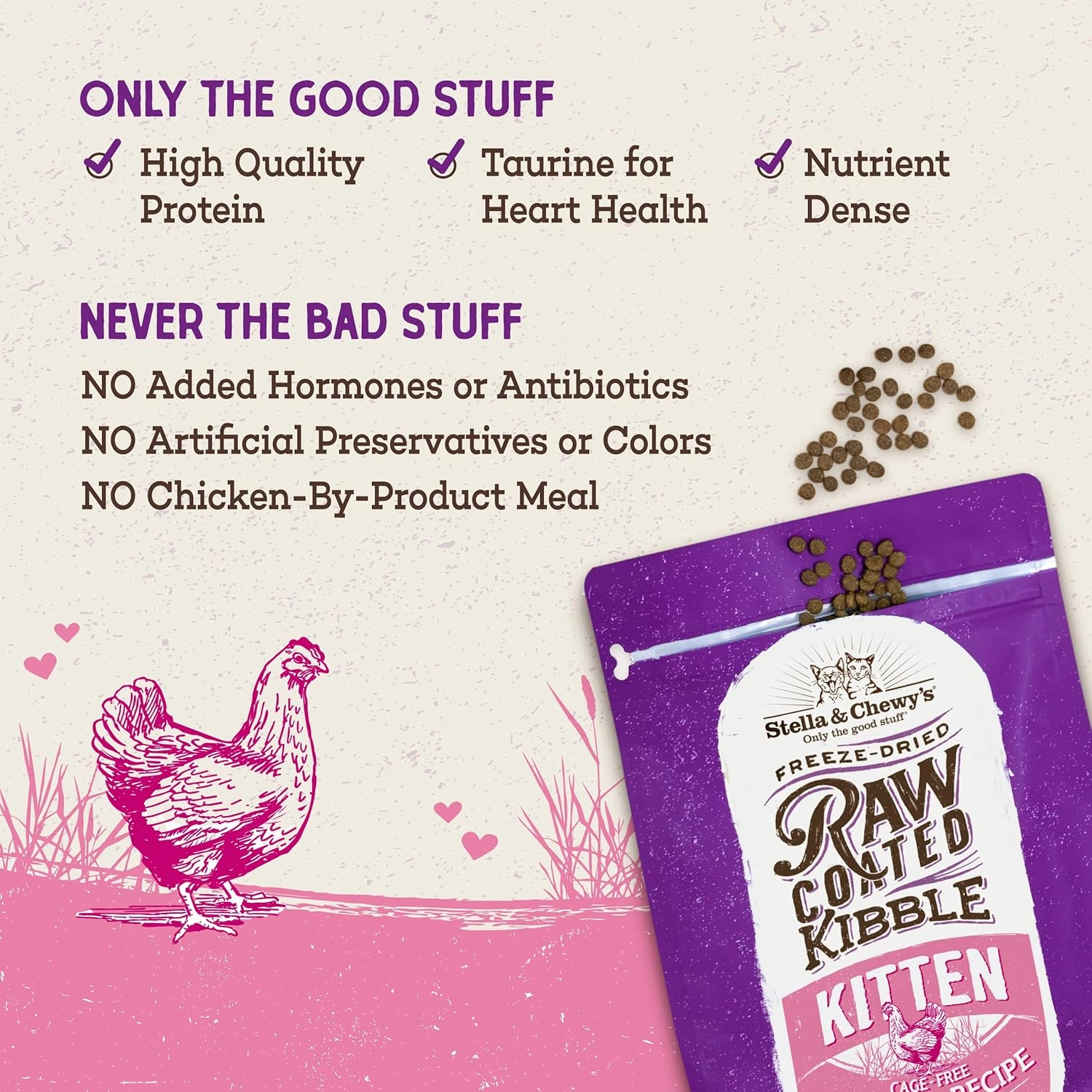 Stella & Chewy's Raw Coated Premium Kibble Cat & Kitten Food – Grain Free, Protein Rich Meals – Cage-Free Chicken for Kittens Recipe – 5 lb. Bag