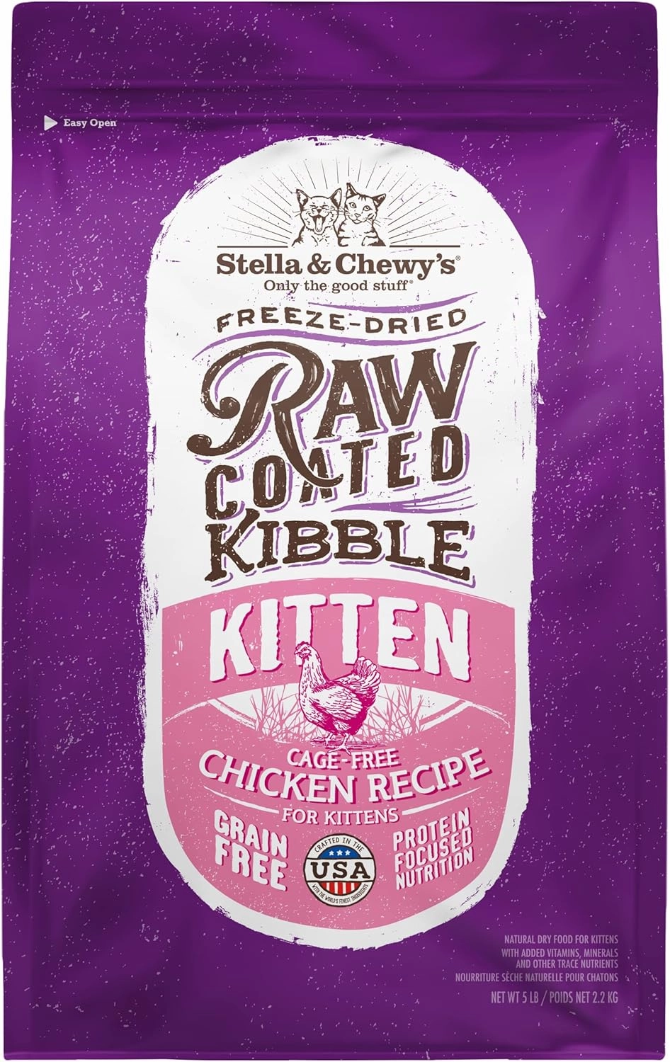 Stella & Chewy's Raw Coated Premium Kibble Cat & Kitten Food – Grain Free, Protein Rich Meals – Cage-Free Chicken for Kittens Recipe – 5 lb. Bag