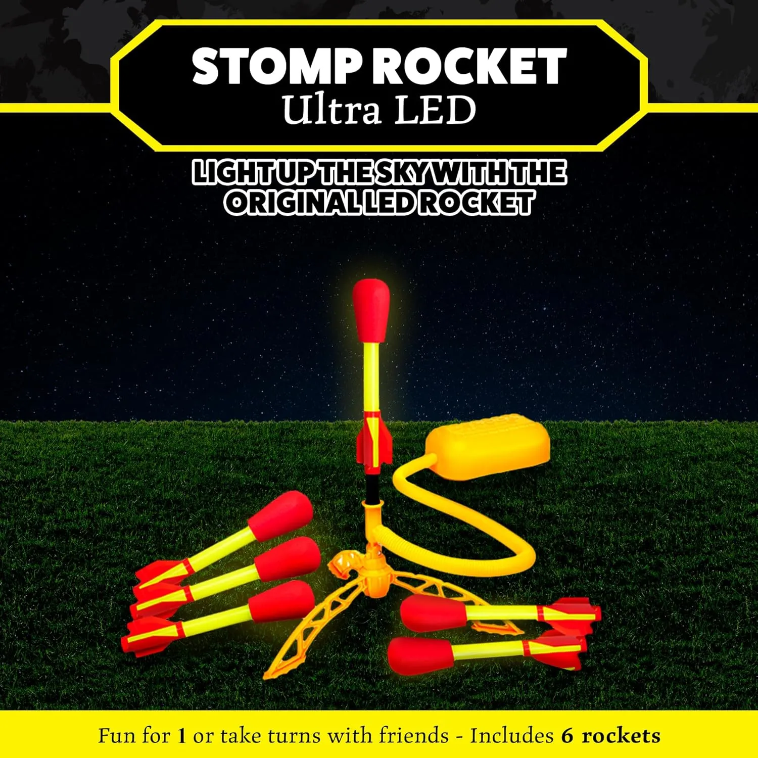 Stomp Rocket Ultra LED Rocket Launcher for Kids, 6 LED Foam Tipped Rockets - Fun Backyard & Outdoor Kids Toys Gifts for Boys & Girls - Toy Foam Blaster Set - Multi-Player Adjustable Launch Stand