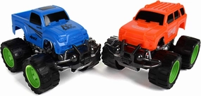 Sumac Pack of 2 Mini Push and Go Truck Jam Toys - Friction Powered, All-Terrain Rubber Tires, Assorted Colors for Kids Racing, Stunts, Indoor & Outdoor Play