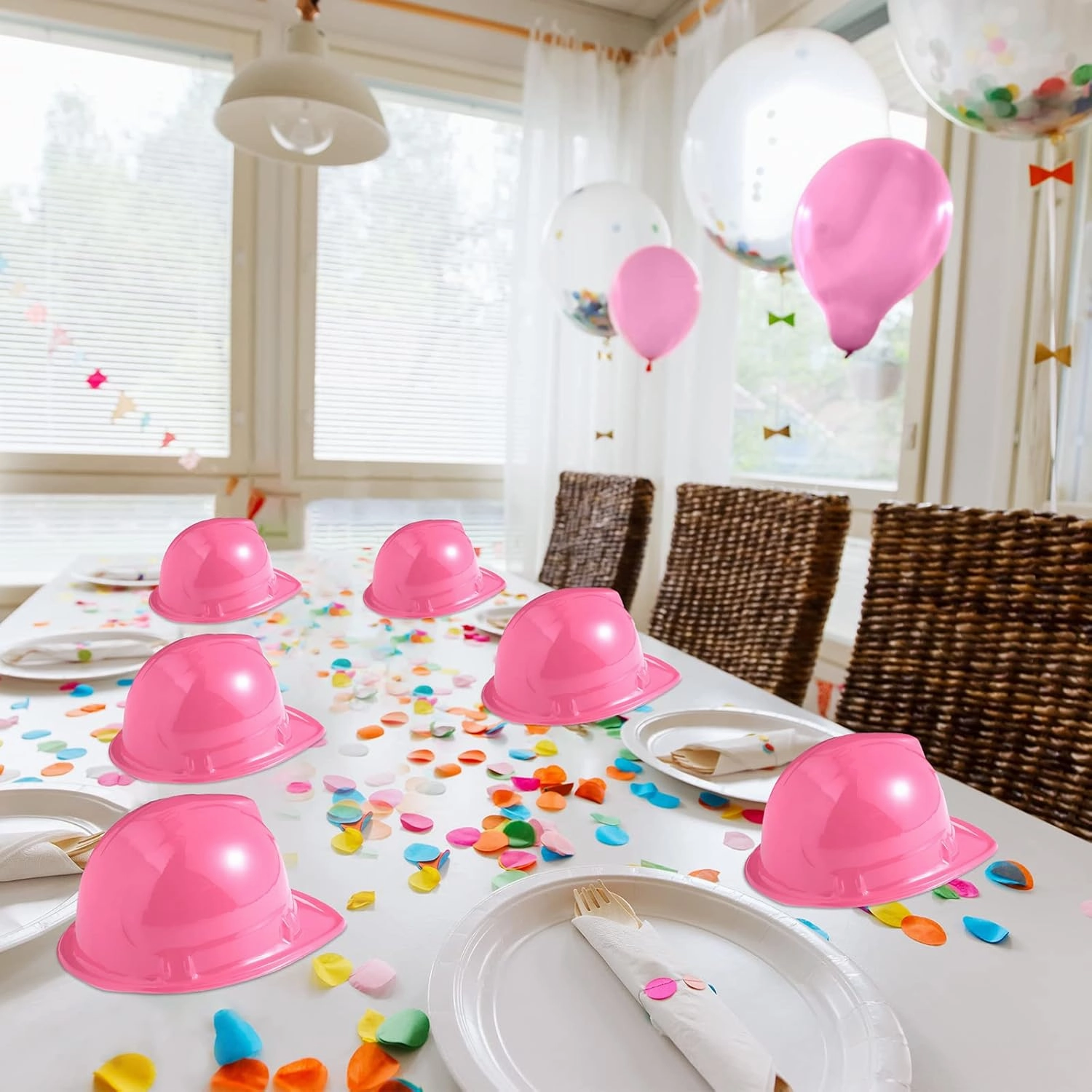 Sumind 48 Packs Construction Party Hats Kids Plastic Worker Helmet Bulk Toy for 3-8 Years Children Dress up Party Supplies(Pink)