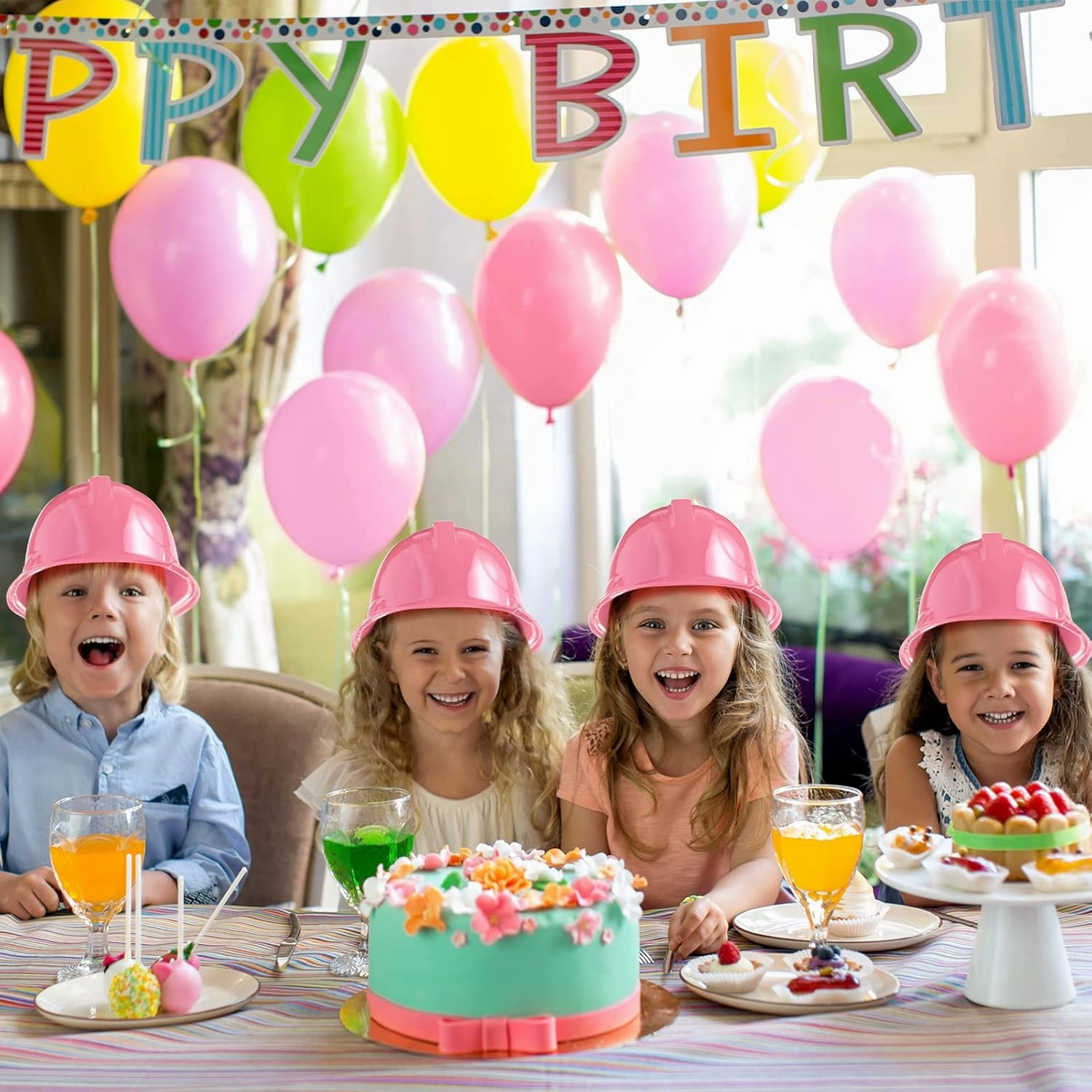Sumind 48 Packs Construction Party Hats Kids Plastic Worker Helmet Bulk Toy for 3-8 Years Children Dress up Party Supplies(Pink)
