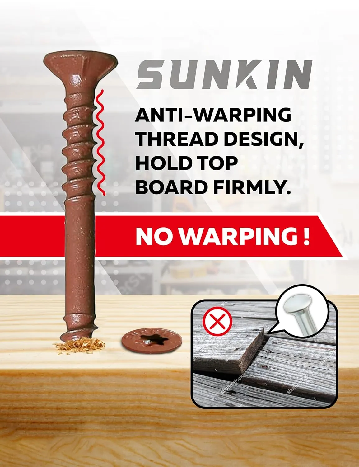 SUNKIN Prewaxed Deck Screws #10 x 3 Torx-25 | 260 Pcs with Magnetic Bit | No Pre-Drilling | Rust-Resistant Coating 1000 HRS | Wood & Pressure-Treated Lumber Screws | Sharp Deep Thread for Strong Hold
