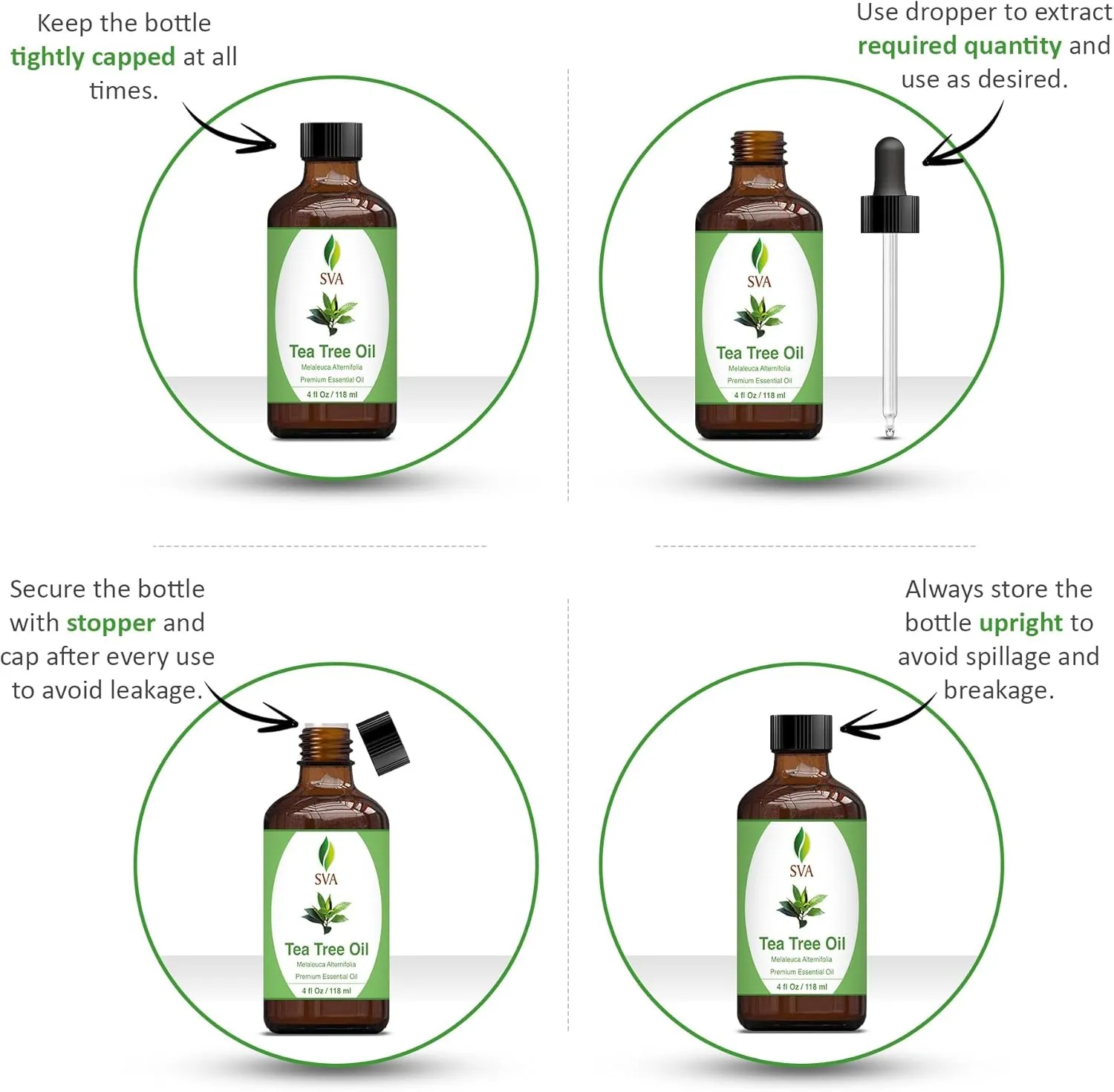 SVA Tea Tree Essential Oil – 4 Fl Oz – 100% Natural Tea Tree Oil - for Diffuser, Hair Care, Face, Skin Care, Aromatherapy, Scalp and Body Massage, Soap and Candle Making – with Dropper