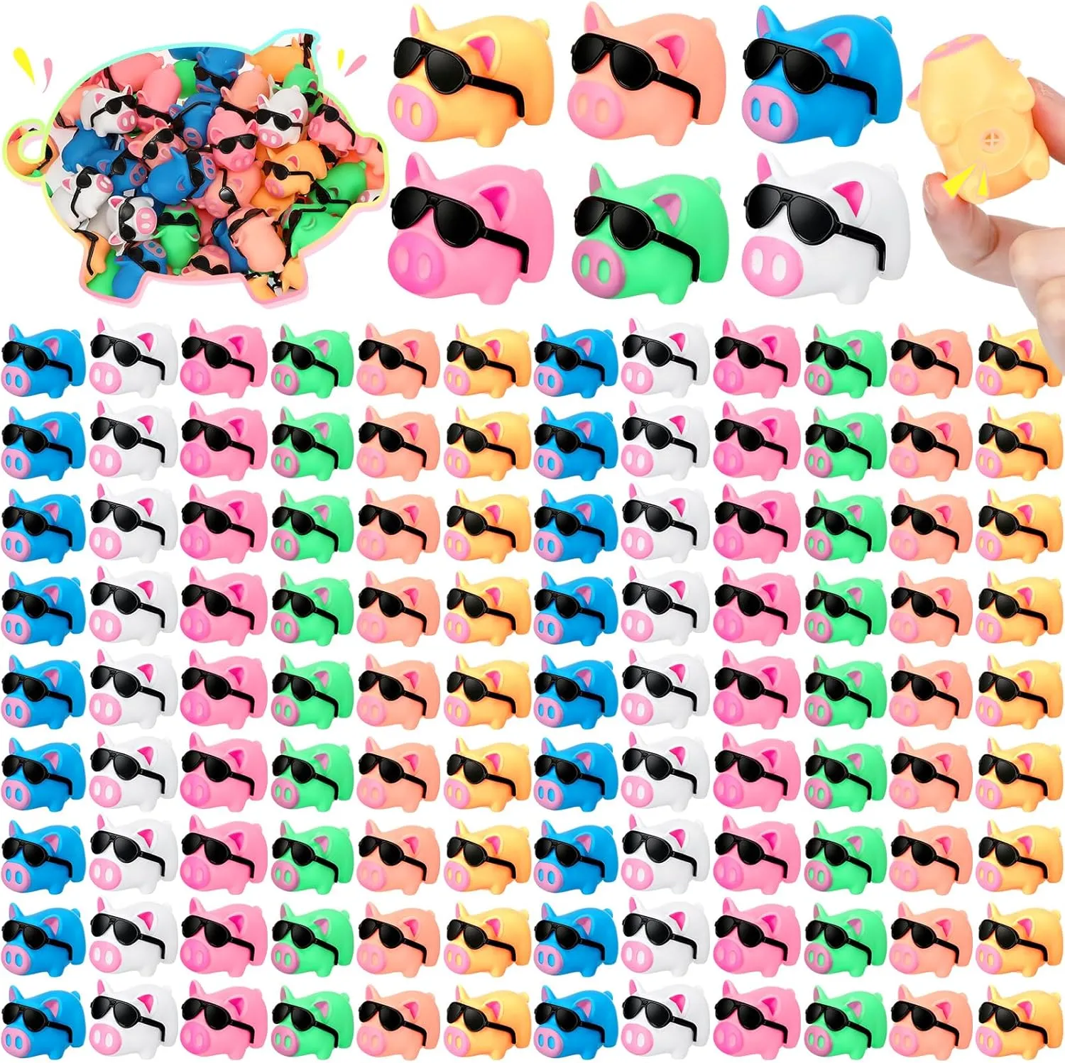 Syhood 150 Packs Mini Rubber Pigs with Sunglasses Sets Pig Bath Toy Bulk Squeaky Piggy Bathtub Toys for Shower Birthday Party Favors Class Carnival Prizes Piñata Fillers Car Decor