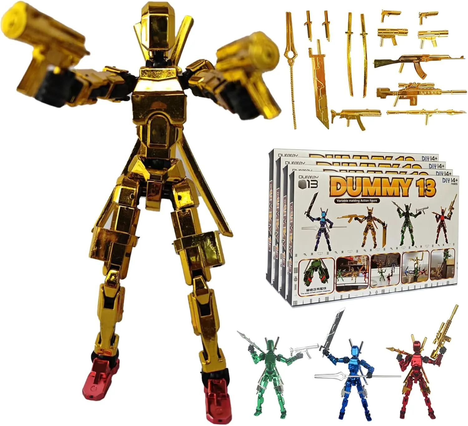 T13 Action Figure Set – 4-Pack Dummy 13|Titan 13 Poseable Robot Figures, DIY Collectible Toys for Kids & Adults, Metallic Style