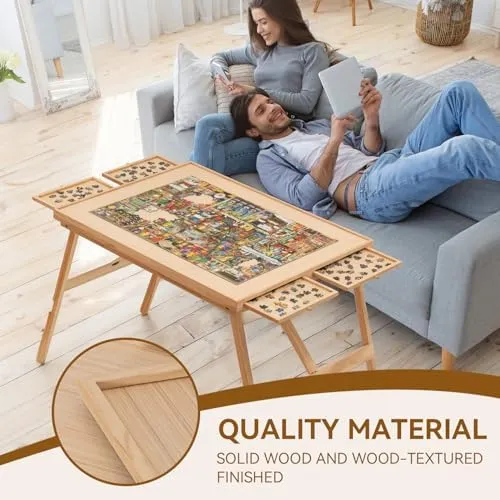 TEAKMAMA 27.6" H Tall 1500 Piece Puzzle Board with Legs, 4 Drawers, 34.1" W x 26.2" D Large Wood Folding Jigsaw Puzzle Table with Cover for Adults, Nature