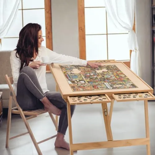 TEAKMAMA 27.6" H Tall 1500 Piece Puzzle Board with Legs, 4 Drawers, 34.1" W x 26.2" D Large Wood Folding Jigsaw Puzzle Table with Cover for Adults, Nature