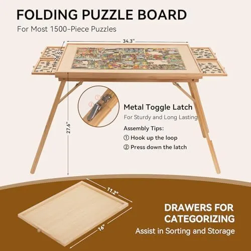 TEAKMAMA 27.6" H Tall 1500 Piece Puzzle Board with Legs, 4 Drawers, 34.1" W x 26.2" D Large Wood Folding Jigsaw Puzzle Table with Cover for Adults, Nature