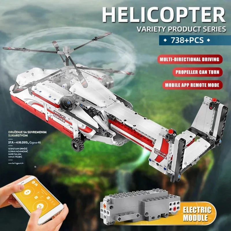 Tech MOC RC Motorized Heavy Lift Helicopter Bricks Toy 15012