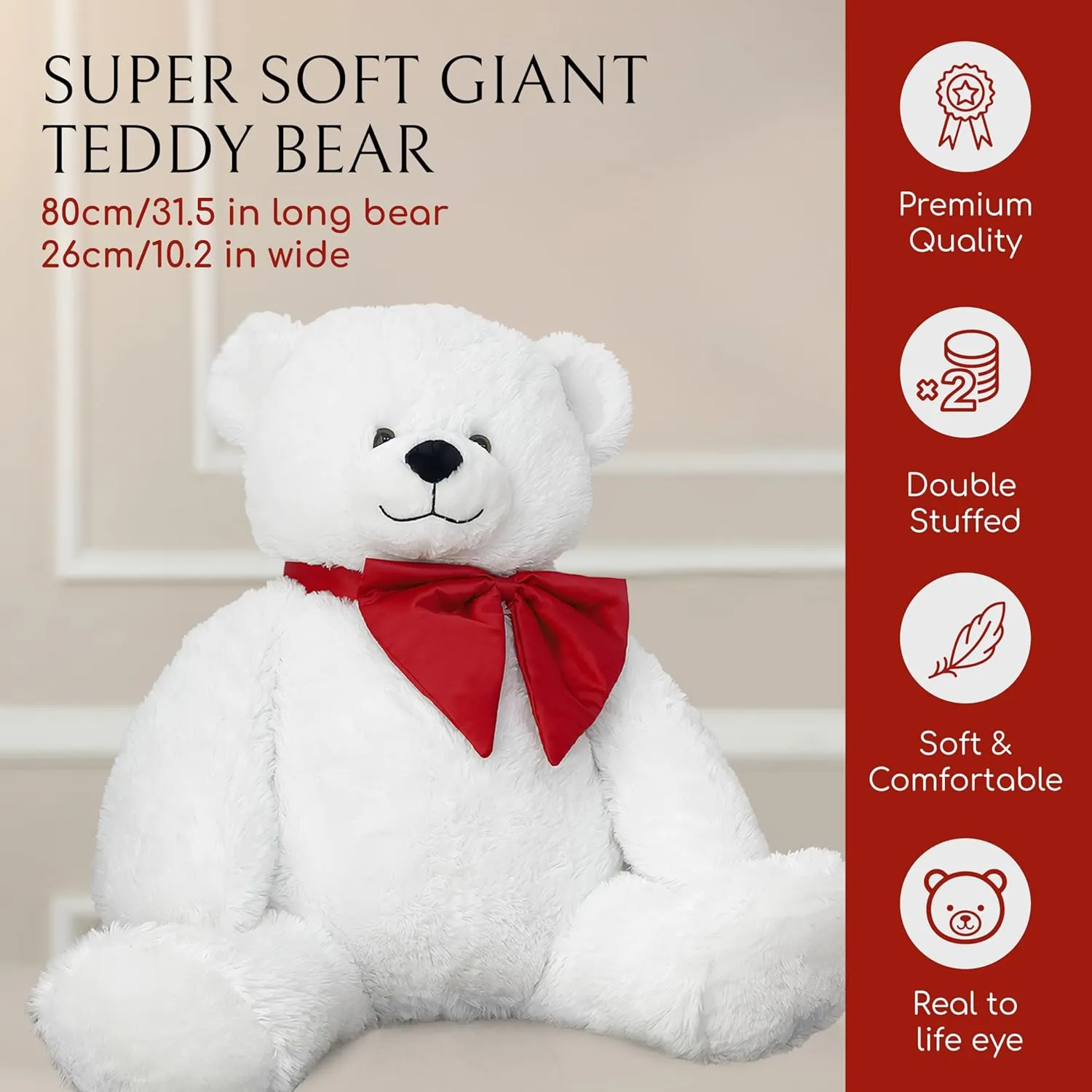 Teddy Bear Big Stuffed Animals – 31.5 Inch Giant Teddy Bear Plush Toy for Kids, Girlfriend Gifts, Huge Bear for Girls – Cute White Color with Red Bow