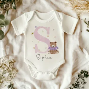 Teddy Bear Pink Girl Personalised Baby Bodysuit