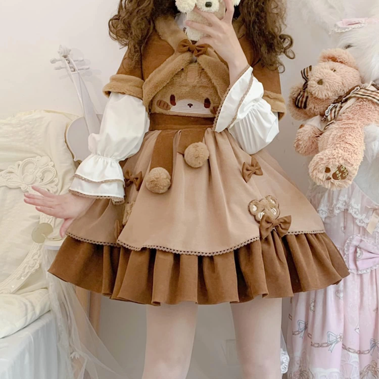 Teen Girls Japanese Kawaii Lolita Costume Plush Cute Bear Suspender Dress Sweet High Waist Princess Party Dresses