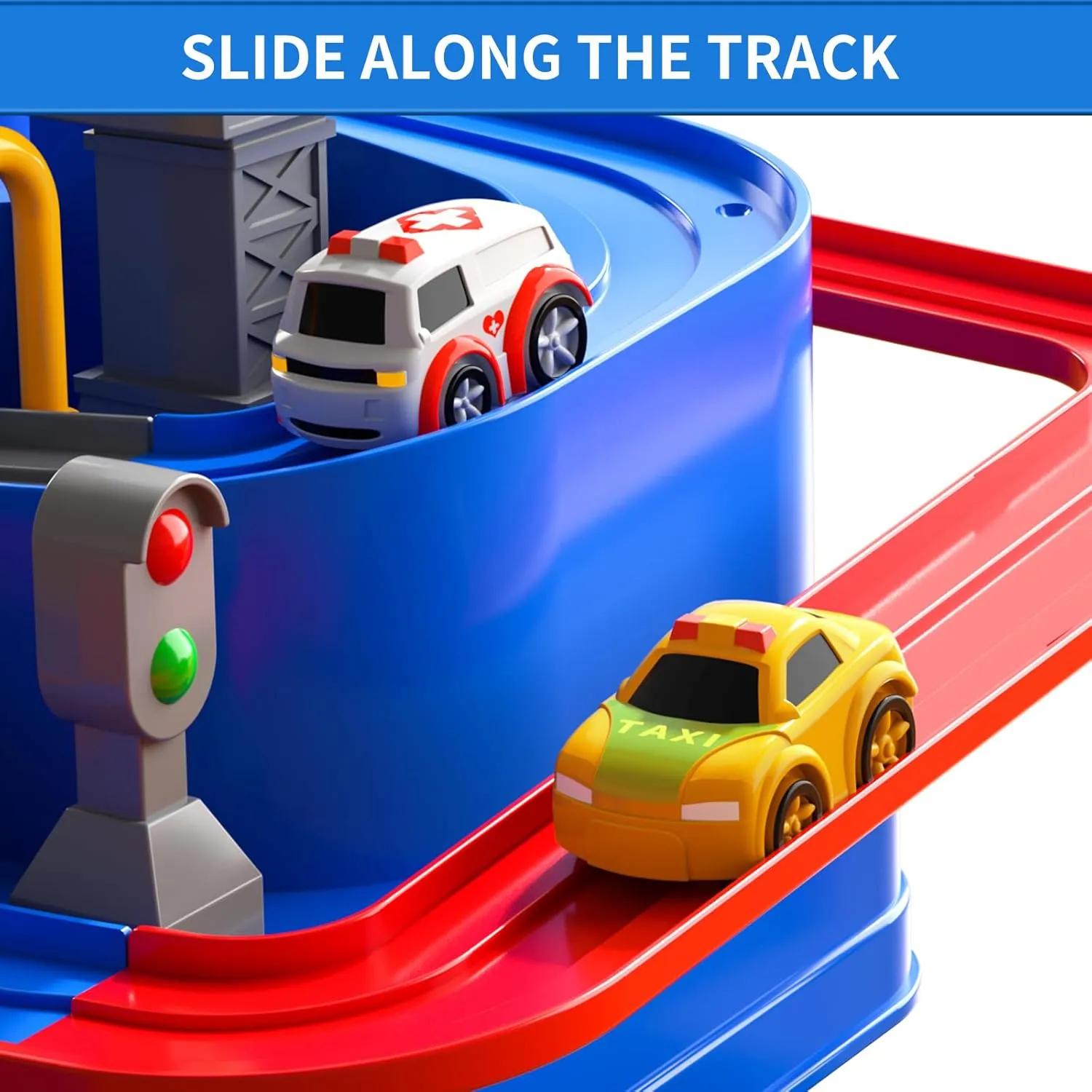 TEMI Kids Race Track Toys with 3 Mini Cars - Puzzle Rail Car Adventure Playset for 3-7 Year Old Boys and Girls