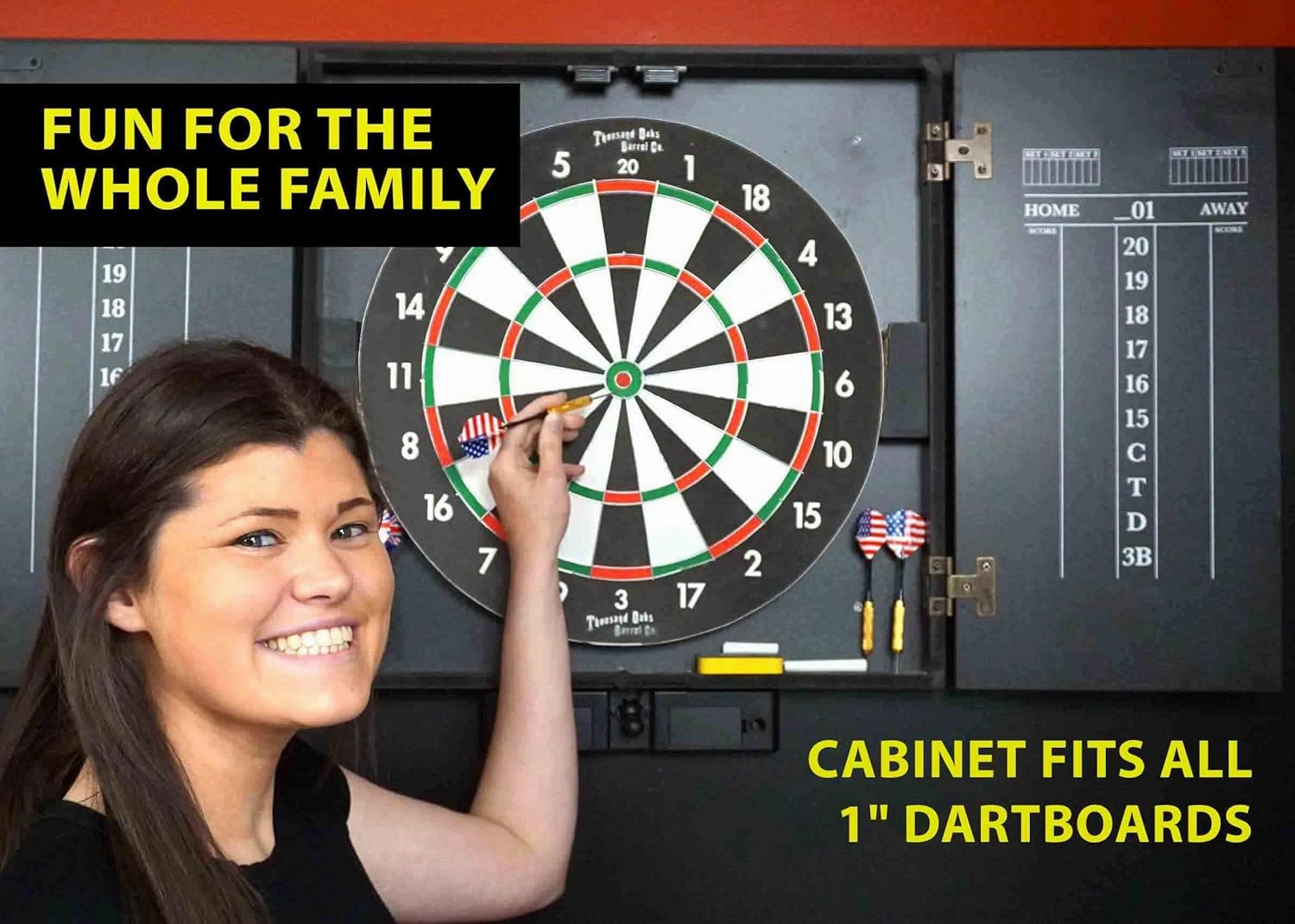 THOUSAND OAKS BARREL CO. Personalized Dartboard & Cabinet Set - Dart Board for Adults - 6 Steel Tip Darts - Eraser & Chalk Scoreboard for Darts