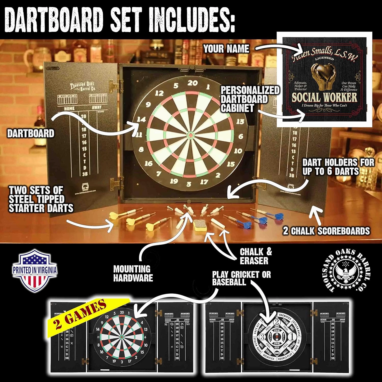 THOUSAND OAKS BARREL CO. Personalized Dartboard & Cabinet Set - Dart Board for Adults - 6 Steel Tip Darts - Eraser & Chalk Scoreboard for Darts