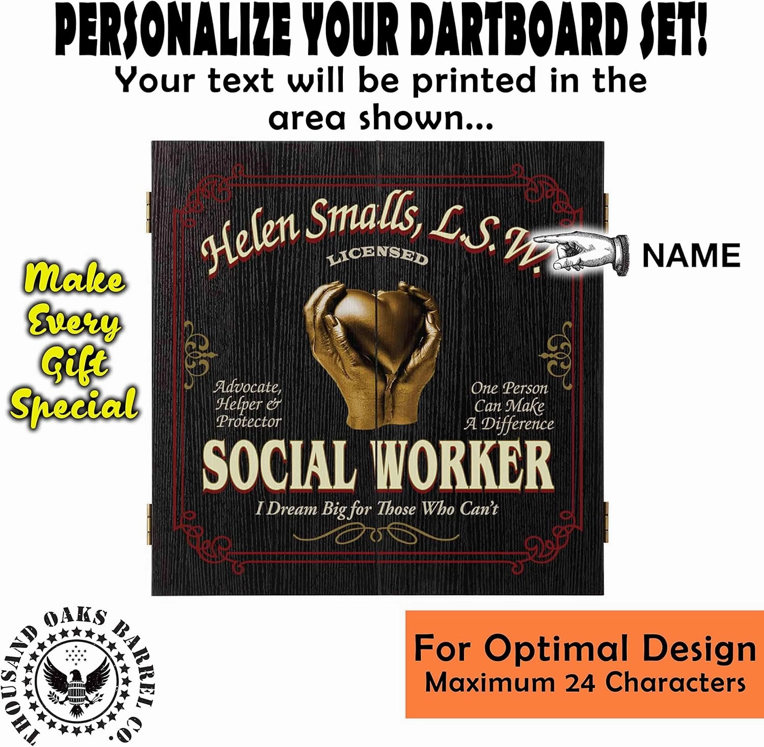 THOUSAND OAKS BARREL CO. Personalized Dartboard & Cabinet Set - Dart Board for Adults - 6 Steel Tip Darts - Eraser & Chalk Scoreboard for Darts
