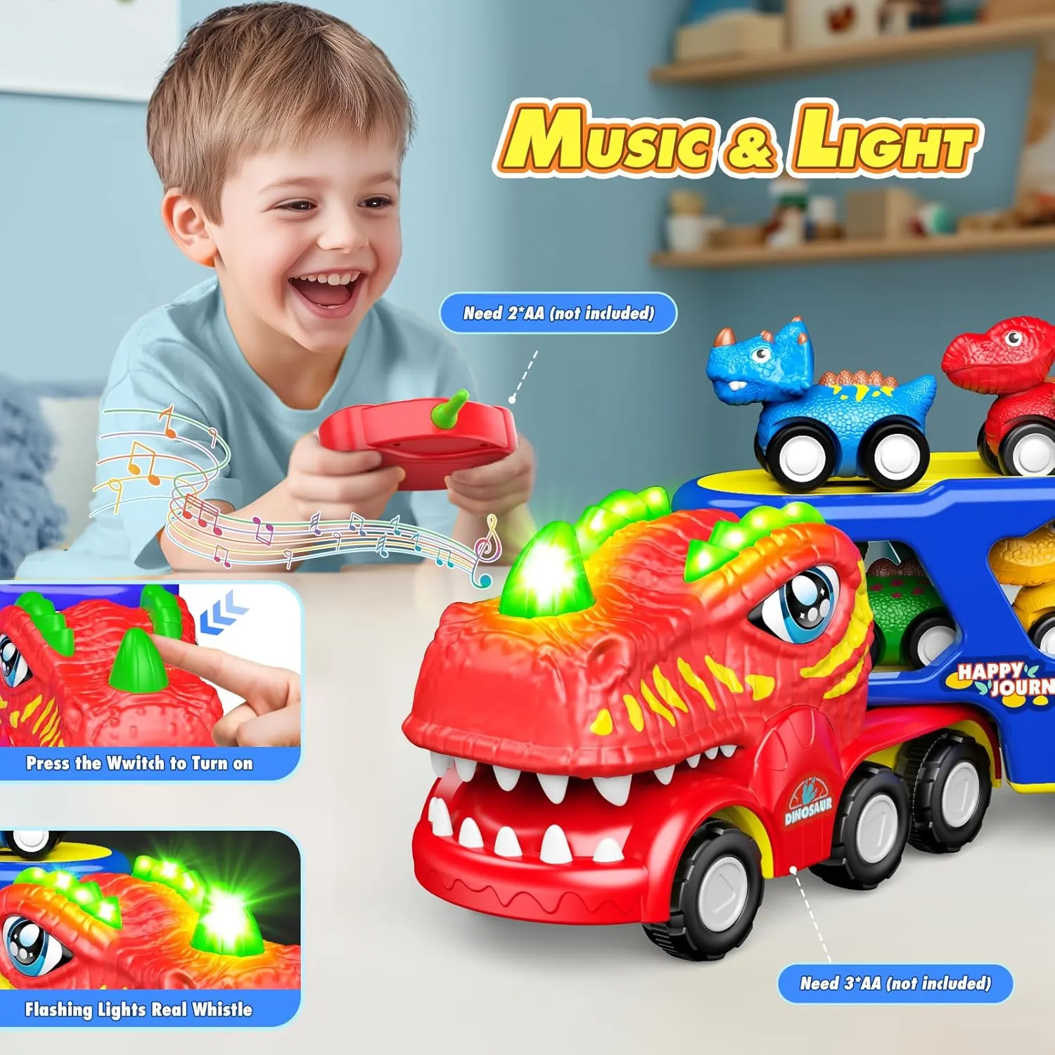 Toddler Toys 2-3, Dinosaur Play Sets for Kids 3-5 Remote Control Cars for 1-3 Toddler Car with Light & Music Dinosaur Toys for Kids 2-4 Sensory Birthday Gifts for Boys 3-5
