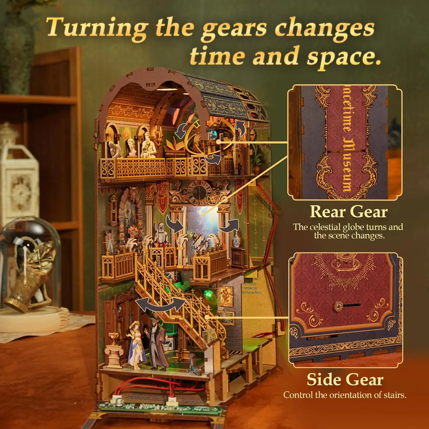 Tonecheer DIY Book Nook Kit for Adults, 3D Wooden Puzzle Bookend Miniature House Kit, Booknook Bookshelf Insert Decor with Dust Cover and LED Lights Gifts (Spacetime Museum)