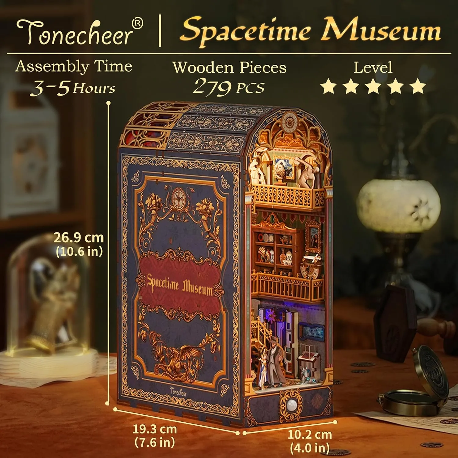 Tonecheer DIY Book Nook Kit for Adults, 3D Wooden Puzzle Bookend Miniature House Kit, Booknook Bookshelf Insert Decor with Dust Cover and LED Lights Gifts (Spacetime Museum)