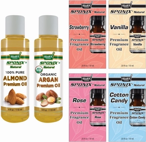 Top Fragrance Skincare Oil Kit - Best Fragrance Oil and Carrier Oil Combo - Argan and Almond Oil 16 oz, Strawberry, Vanilla, Rose & Cotton Candy Oil 10 mL each by Sponix