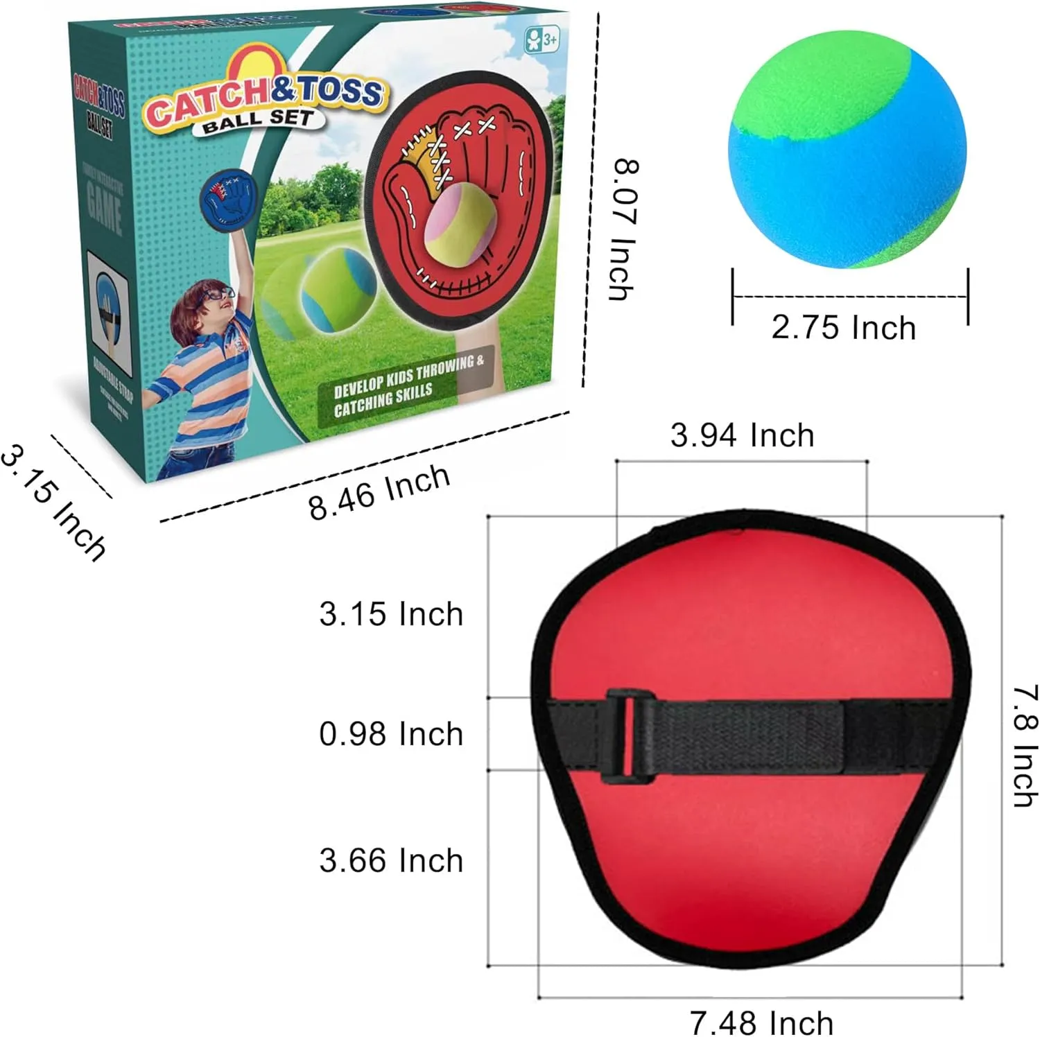 Toss and Catch Game Ball Set Beginner Baseball Training Glove - Premium Toy Paddle Fits All Hand Sizes Toddlers Teens & Adults, Fun Gift Idea for Boys & Girls Toddler Baseball Glove