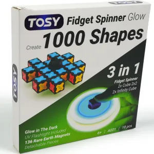 TOSY Magnet Fidget Spinner Glow - 16 Blocks, 4th of July Decorations, 3in1 Toy: Transformable Fidget Spinner, Infinity Cube, 2x2 Puzzle Cube, Glow, STEM Magnet Tiles Gift for Kids/Boys/Girls/Adults