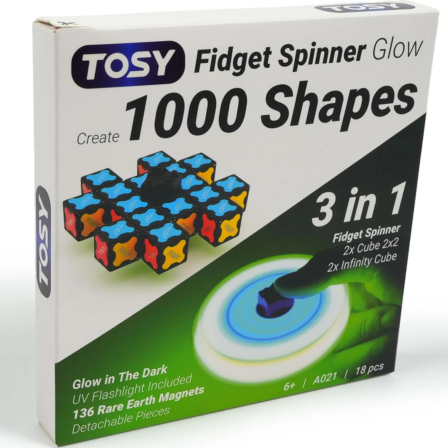 TOSY Magnet Fidget Spinner Glow - 16 Blocks, 4th of July Decorations, 3in1 Toy: Transformable Fidget Spinner, Infinity Cube, 2x2 Puzzle Cube, Glow, STEM Magnet Tiles Gift for Kids/Boys/Girls/Adults